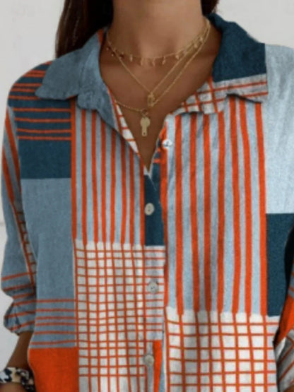 Women's Blouse Geometric Color Block Daily Stylish Long Sleeve Shirt Collar Regular Tops Daily Holiday Buttons Print Blue Summer